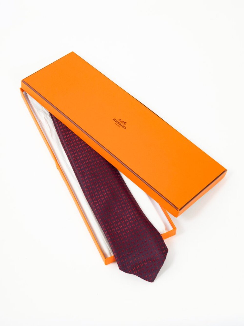 Hermes Faconnee H Aubergine & Rouge Bicolore Silk Necktie